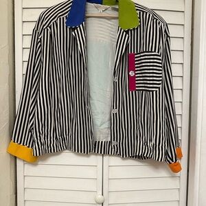 Vintage Sunny Leigh Black and White Striped Blazer with Colorful Accents